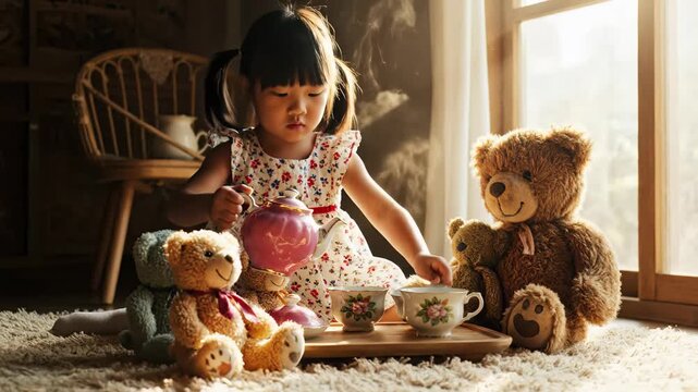 A little girl delights in hosting an imaginative tea party for her plush teddy bears. The warm sunlight filters through, creating a magical atmosphere filled with joy and laughter.