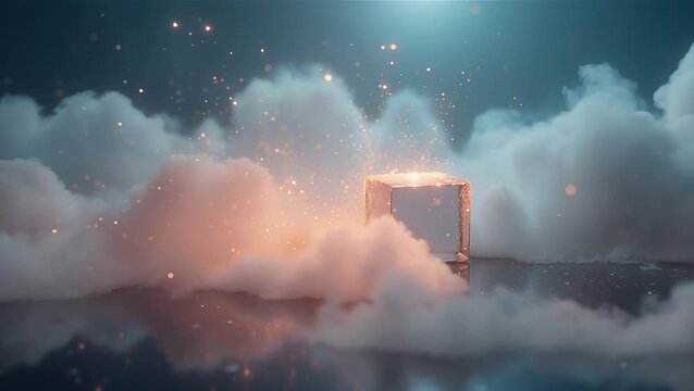 Ethereal Cube Surrounded by Mystical Clouds and Sparkling Light