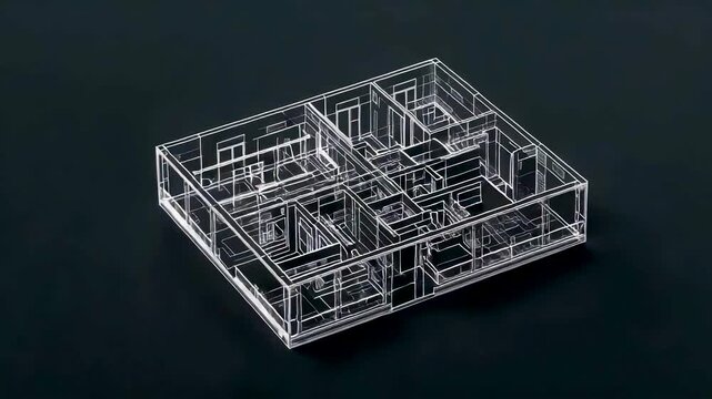 Transparent wireframe architectural model of modern rectangular house floor plan with multiple rooms corridors and open spaces on dark black background