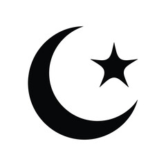 Obraz premium A simple black and white graphic depicting a crescent moon and a five pointed star symbol