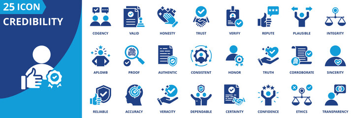 credibility icon set collection in solid glyph dual color style. pack contain trust, honesty, reliable, integrity, repute, proof, valid, authentic, verify, corroborate icon
