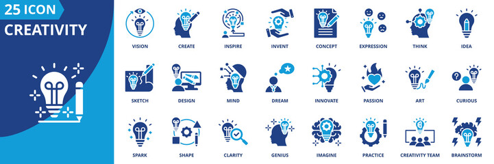 creativity icon set collection in solid glyph dual color style. pack contain idea, imagine, inspire, design, create, invent, vision, dream, brainstorm, innovate icon © Uniconlabs