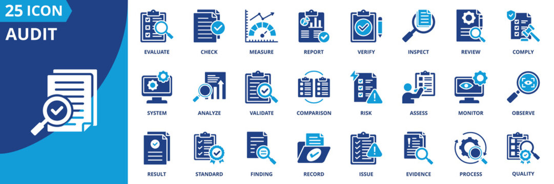 audit icon set collection in solid glyph dual color style. pack contain check, verify, review, inspect, assess, report, evaluate, comply, observe, monitor icon