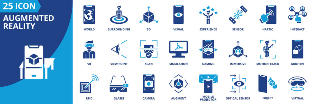 augmented reality icon set collection in solid glyph dual color style. pack contain virtual, augment, immersive, 3d, mixed, surrounding, world, vr, glases, mobile projector  icon