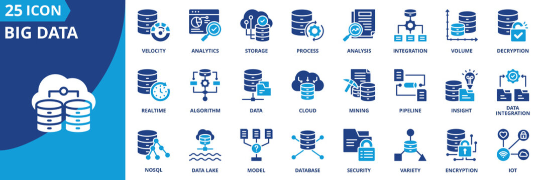 big data icon set collection in solid glyph dual color style. pack contain velocity, volume, analytics, storage, variety, analysis, encryption, data, realtime, algorithm icon