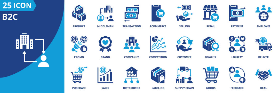 b2c icon set collection in solid glyph dual color style. pack contain product, middleman, transaction, ecommerce, selling, retail, payment, employee, promo, brand icon