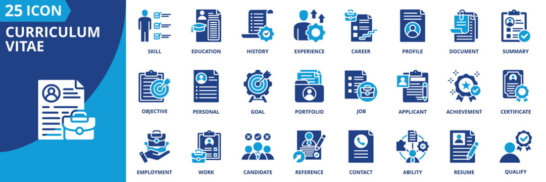 curriculum vitae icon set collection in solid glyph dual color style. pack contain profile, resume, career, skill, experience, education, summary, contact, portfolio, goal icon