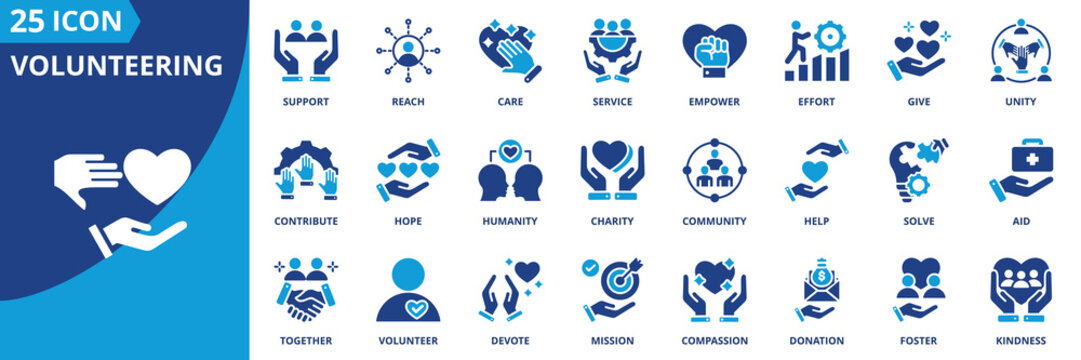 volunteering icon set collection in solid glyph dual color style. pack contain help, aid, care, give, unity, service, support, action, humanity, kindness icon