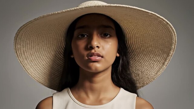 A young girl dons an elegant straw hat, revealing her emotions and thoughts in a calm indoor space. Each angle speaks of tranquility and self-reflection.