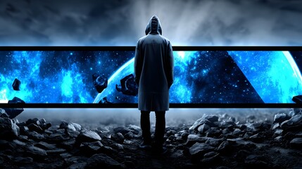 Einsame Gestalt vor kosmischem Energiepanorama in futurischer Welt 
