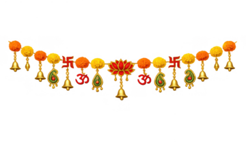 Traditional indian toran garland with marigold flowers, om symbols, swastika, lotus, and bells, transparent background
