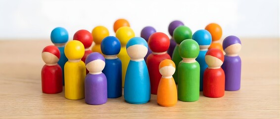 Diverse group of vibrant multicolored wooden peg dolls representing social inclusion and community solidarity