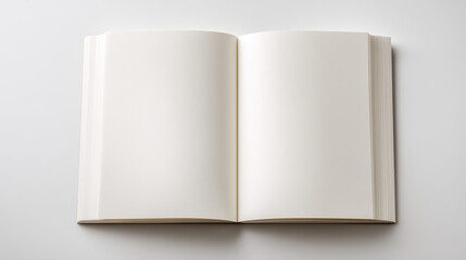 top view flat lay of an open blank notebook with white pages, minimalist sketchbook mockup on white background, clean stationery template for creative writing and design