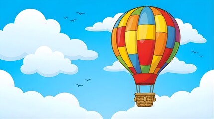 Obraz premium Vibrant Multi Colored Hot Air Balloon Drifting Through Bright Blue Summer Sky Clouds