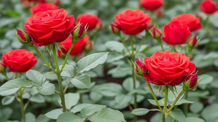 Red roses with unopened buds and green foliage