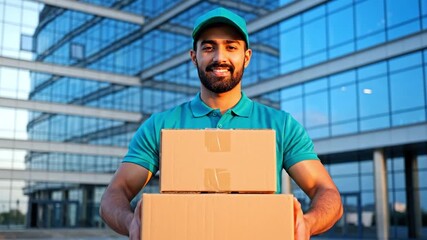 Package Delivery with a Smile: A delivery worker confidently carries a stack of packages in front of a modern glass building, conveying a sense of efficiency and reliability.