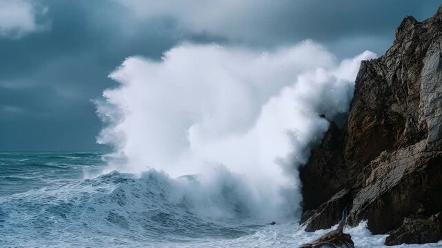 Large ocean wave crashing against rocky cliff on a stormy day with dark clouds