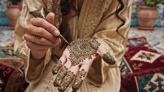In a lush courtyard adorned with colorful tiles and pots, a talented artist skillfully applies detailed henna patterns to a woman's hand, showcasing the beauty of this rich tradition.