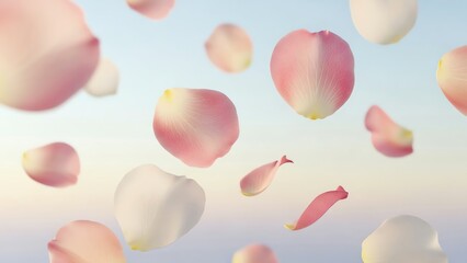 Rose petals falling against a soft blue sky