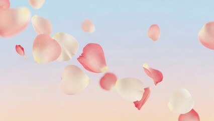Rose petals falling against pastel sky