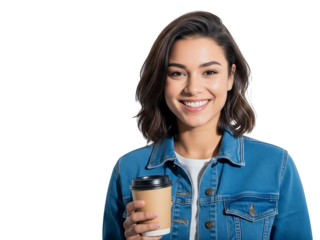 Smiling young woman holding coffee cup isolated on transparent background