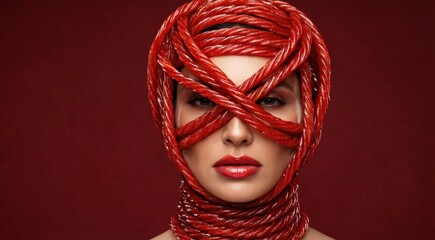 Avant-garde woman wrapped in red licorice rope fashion restraint