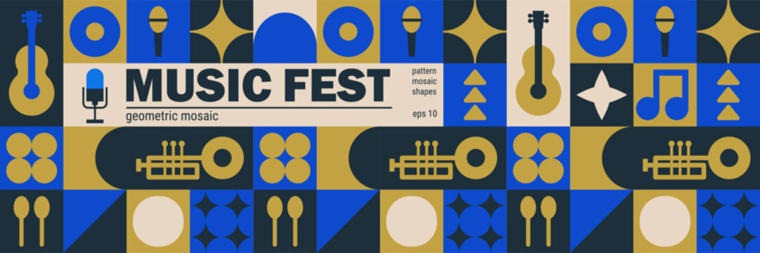 Geometric concert poster with music festival mosaic and abstract microphone.