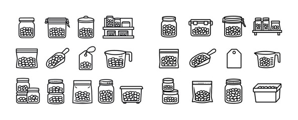 Collection of various food storage containers with lids and labels