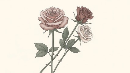 Three roses with varying colors and foliage