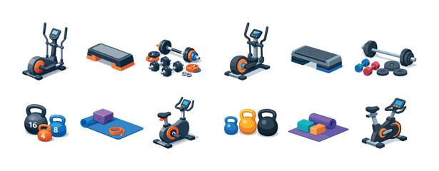Home gym equipment collection: treadmill, weights, kettlebells, bike, yoga mat, step platform