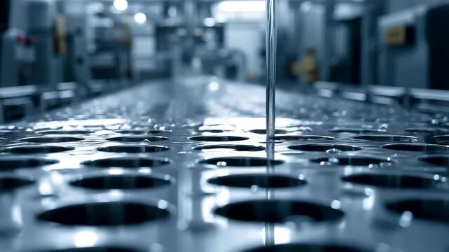 Industrial manufacturing assembly line with rows of shiny metallic circular molds holes on conveyor belt in modern factory production environment