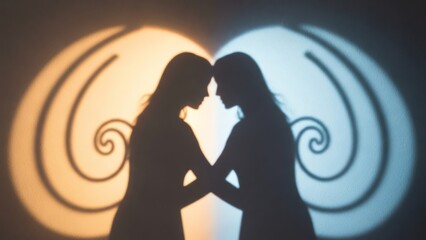 Two silhouettes embracing with swirling light patterns