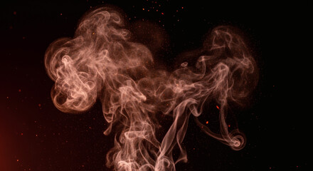 An abstract image featuring swirling smoke or vapor in shades of brown and orange against a dark background with scattered particles