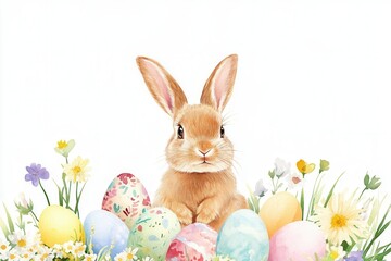 brown bunny among speckled eggs, daisy blooms and green foliage, watercolor texture, warm tones, joyful expression, rustic charm perfect for family invitations and spring promotions