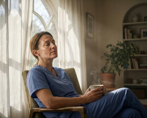 Exhausted healthcare worker in scrubs resting with coffee at home, soft sunlight and steam, moment of quiet resilience