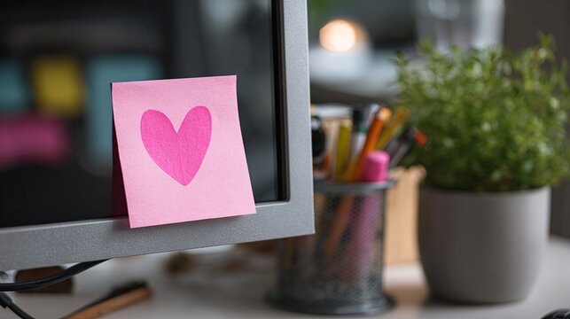 A pink sticky note with a heart on a computer monitor in a cozy office setting.