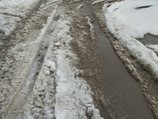 Slush ice, slurry mixture of small ice crystals, snow and liquid water. Slush forms when ice or snow melts during mixed precipitation with dirt and pollutants, resulting in gray or muddy brown color.