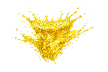 Golden liquid splashing, creating dynamic crown shape and flowing drips, abstract vibrant yellow movement with transparent background