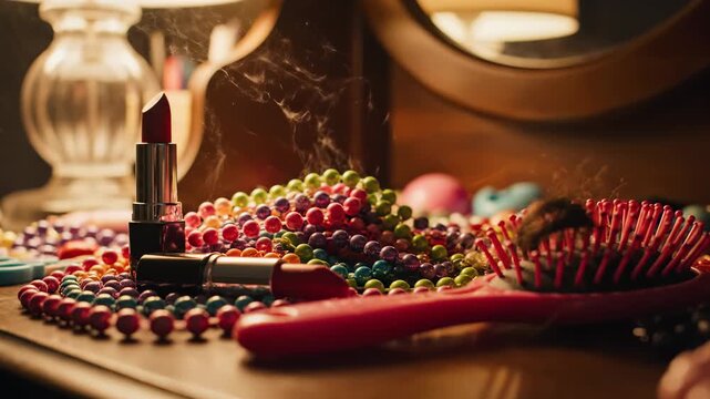Delight in a warm evening as colorful candies and fragrant lipstick create a charming setting. The flickering light accentuates the creative atmosphere of self-expression.