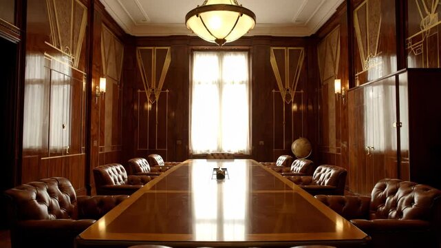 A grand, opulent boardroom features a long polished table and leather chairs. Ornate wooden paneling and bright windows create a sophisticated, classic atmosphere.