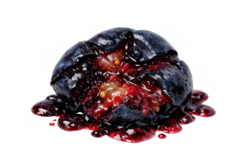 Crushed blueberry bursting with red juice and pulp, creating a messy splatter on a transparent background
