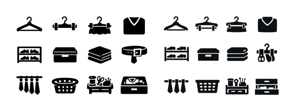 Icon set of clothing and accessories - hangers, boxes, shoes, ties, laundry basket