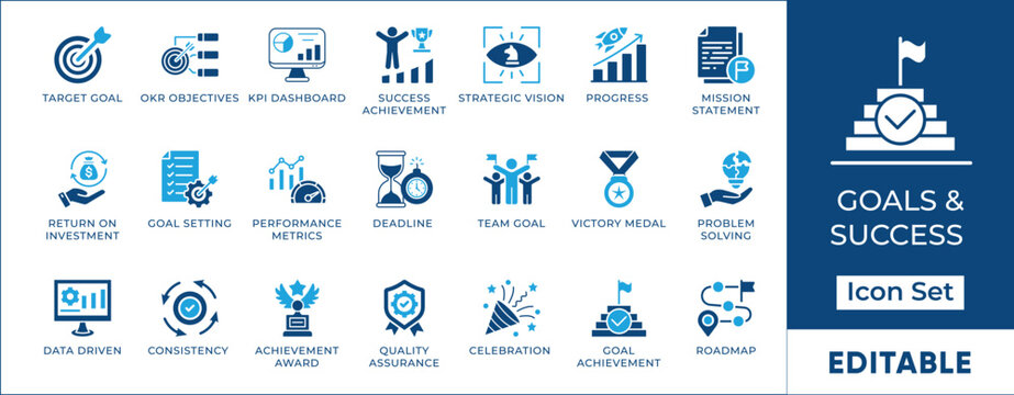 Business goals and success icon set featuring target achievement, KPI dashboard, strategic vision, performance metrics, career progress, mission statement, and roadmap symbols.