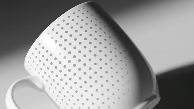 A white ceramic mug gradually reveals a polka dot pattern. This minimalist design highlights simplicity and graphic elegance.