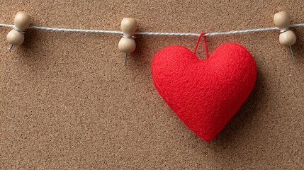 A red heart hangs from a string on a corkboard background