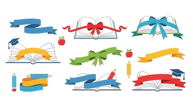 Collection of educational banners with books, pencils, apples, and graduation caps, perfect for school promotions and academic themes - Powered by Adobe