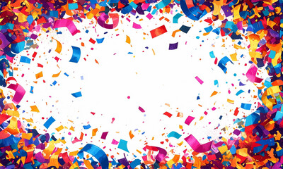 Colorful confetti scattered on white background. Festive celebration concept for party, holiday, event, birthday, carnival, and joyful decoration design.