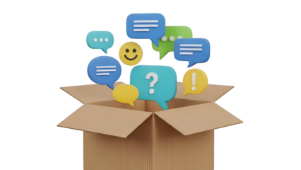 Cardboard Box with Speech Bubbles and Emoticons.