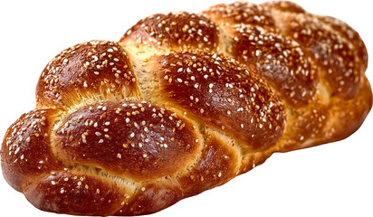 Golden-brown braided loaf of bread sprinkled with sesame seeds on white background