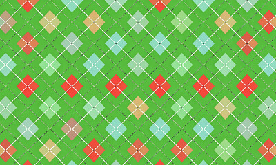 Argyle vector pattern in green color with thin slim dotted lines. Seamless geometric background